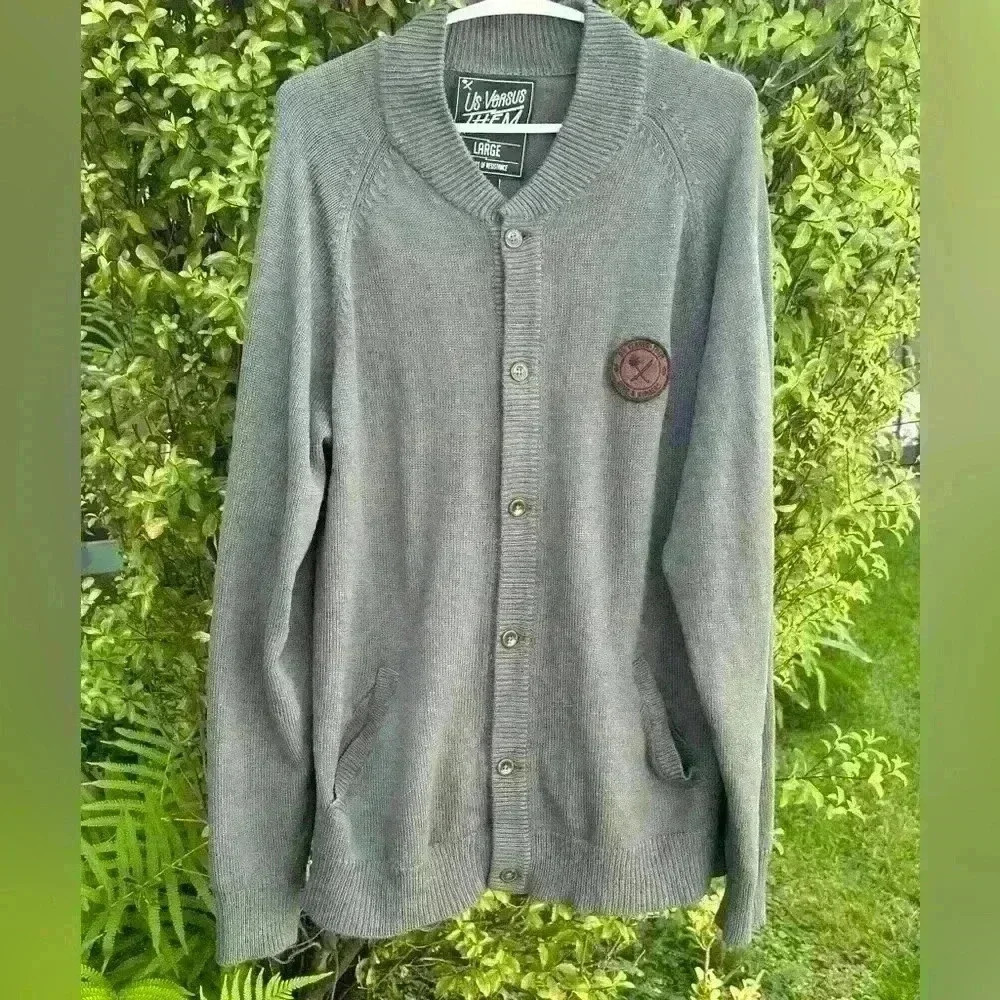 Us Versus Them Men’s Cardigan Sweater In Olive Gray Size Large EUC! - Picture 2 of 9